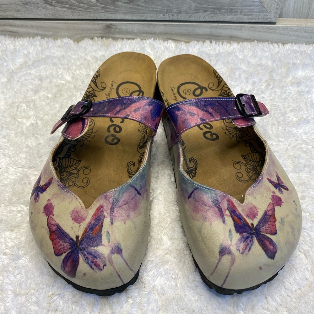 Calceo Sand and Purple Butterfly Mules Clogs  EU37 US7